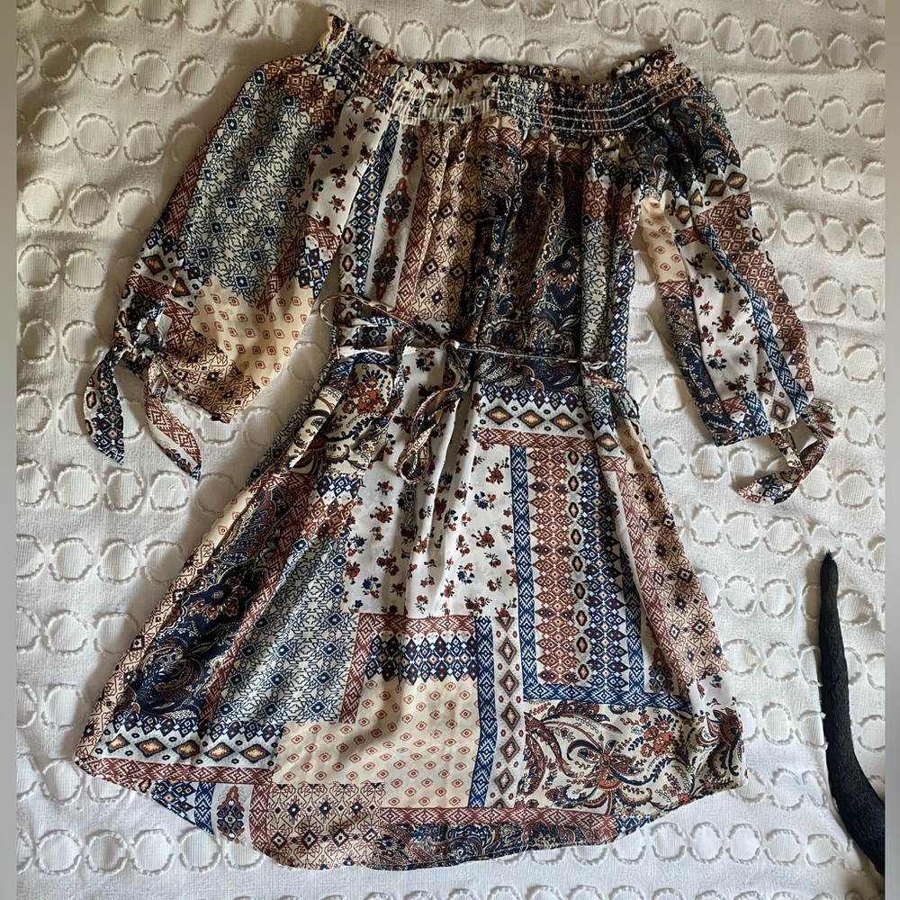 Off-the-Shoulder Multiprint Belted Dress
